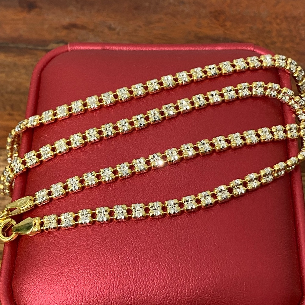 925 Sterling Silver 2 Tones Diamond Cut Iced Chain